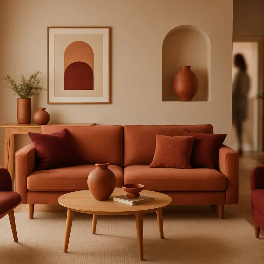 Sala de estar ampla com estofados vermelhos em tons terracota e bordô, paredes neutras e elementos naturais