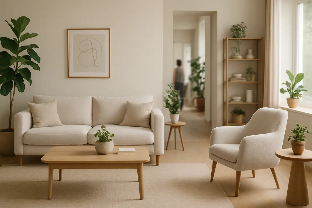 Sala de estar moderna ampla organizada com varias plantas discretas posicionadas em cantos prateleiras e mesas