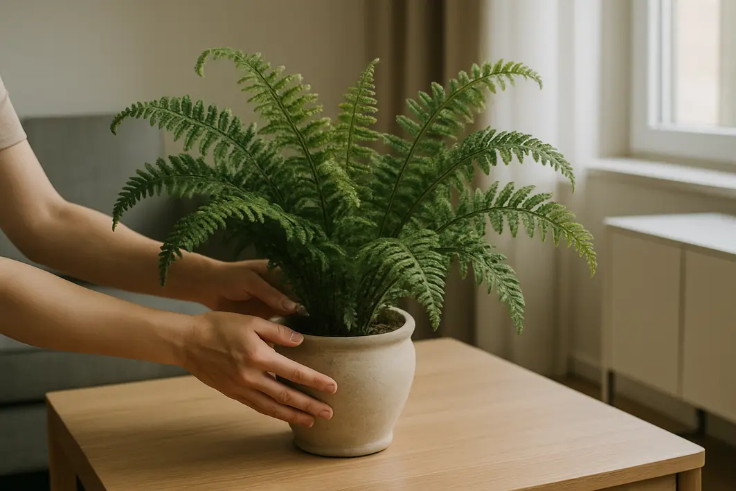 Mãos ajustando samambaia vintage em vaso de cerâmica fosca sobre mesa de madeira clara