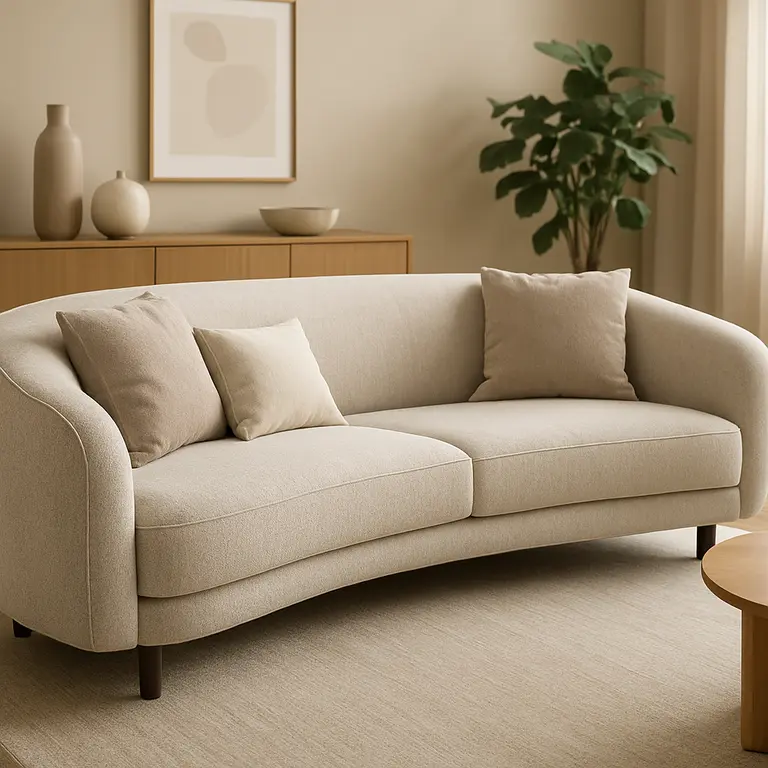 Sofá curvo moderno com tecido sofisticado em sala de estar elegante e organizada