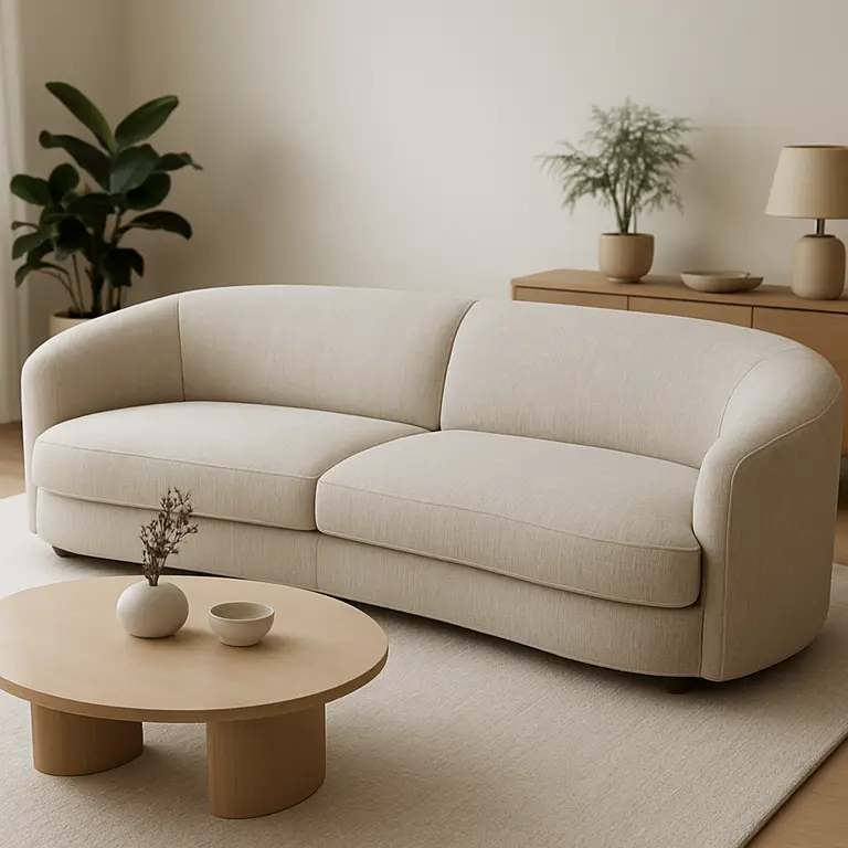 Sofá curvo cinza claro em sala de estar moderna com piso de madeira e iluminação natural