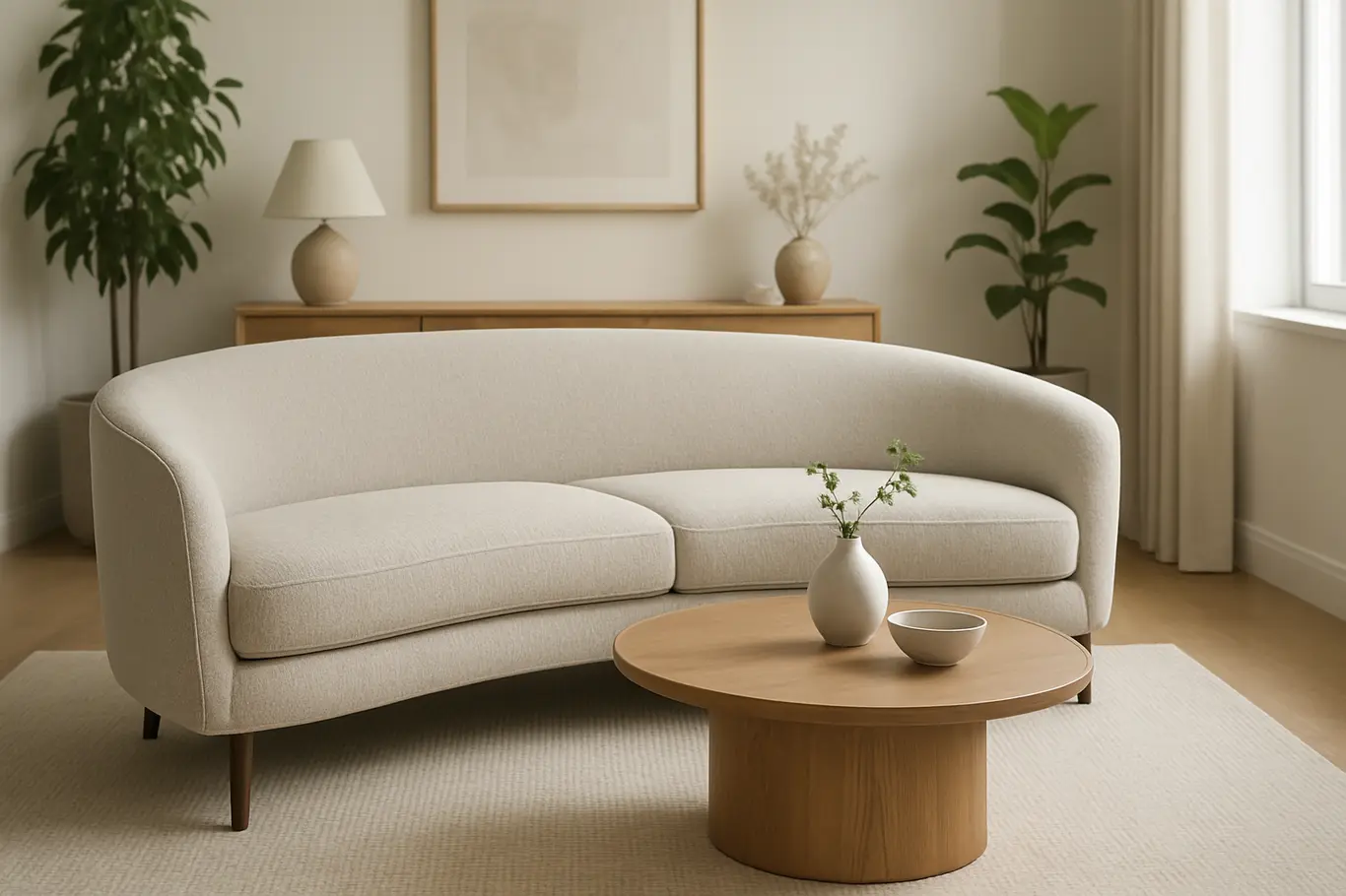 sofa curvo sala estar elegante Sofá Curvo Moderno Em Sala De Estar Contemporânea Com Decoração Minimalista