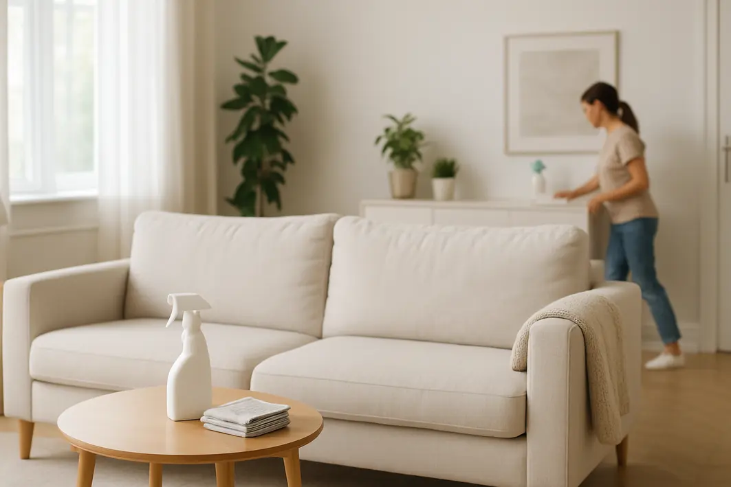 Sala de estar com sofá estofado claro limpo com spray de limpeza e panos ao fundo