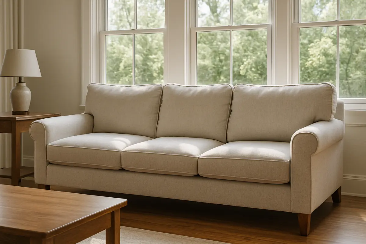 sofa limpo sem cheiro Sofá branco em sala com luz natural após remoção de odor de xixi