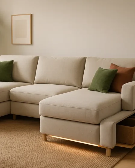 sofa modular sala estar contemporanea Sofá modular moderno e versátil em sala de estar contemporânea com chaise longue deslizante e módulo curvo