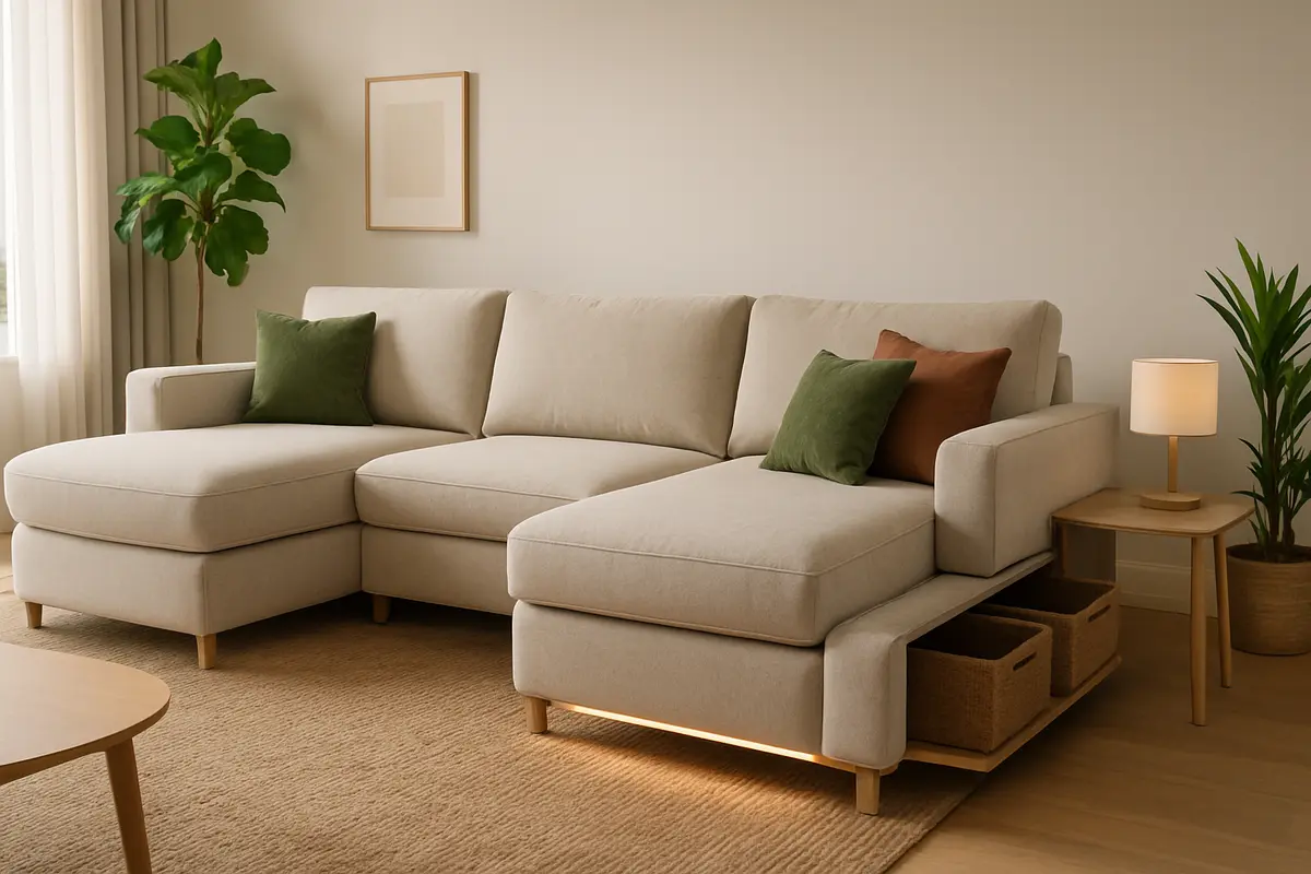 sofa modular sala estar contemporanea Sofá modular moderno e versátil em sala de estar contemporânea com chaise longue deslizante e módulo curvo