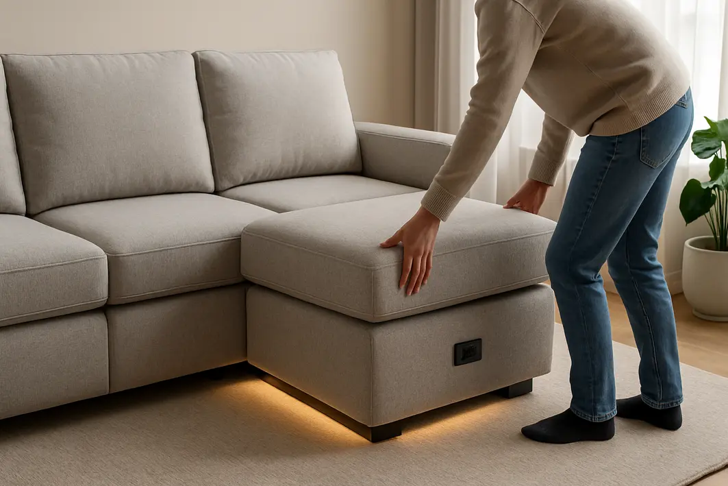 sofa modular usb led sala moderna Pessoa ajustando sofá modular com tomadas USB e iluminação LED na sala de estar moderna