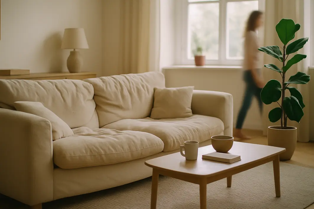 Sofá muito macio afundado no centro com almofadas deformadas em sala de estar ampla e organizada