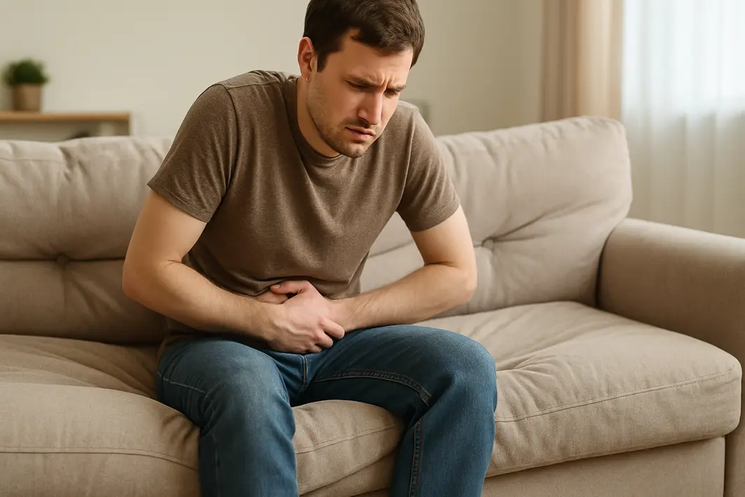 Pessoa sentada em sofá muito macio com postura curvada e assento afundado mostrando desconforto