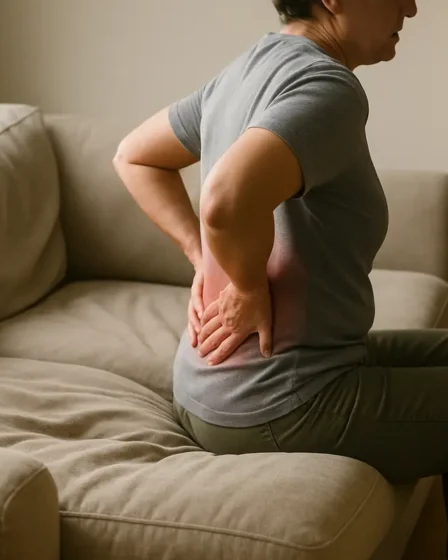 sofa muito macio desgaste conforto Sala de estar contemporânea com sofá excessivamente macio e desgastado com assento afundado e adulto sentado com expressão de dor lombar