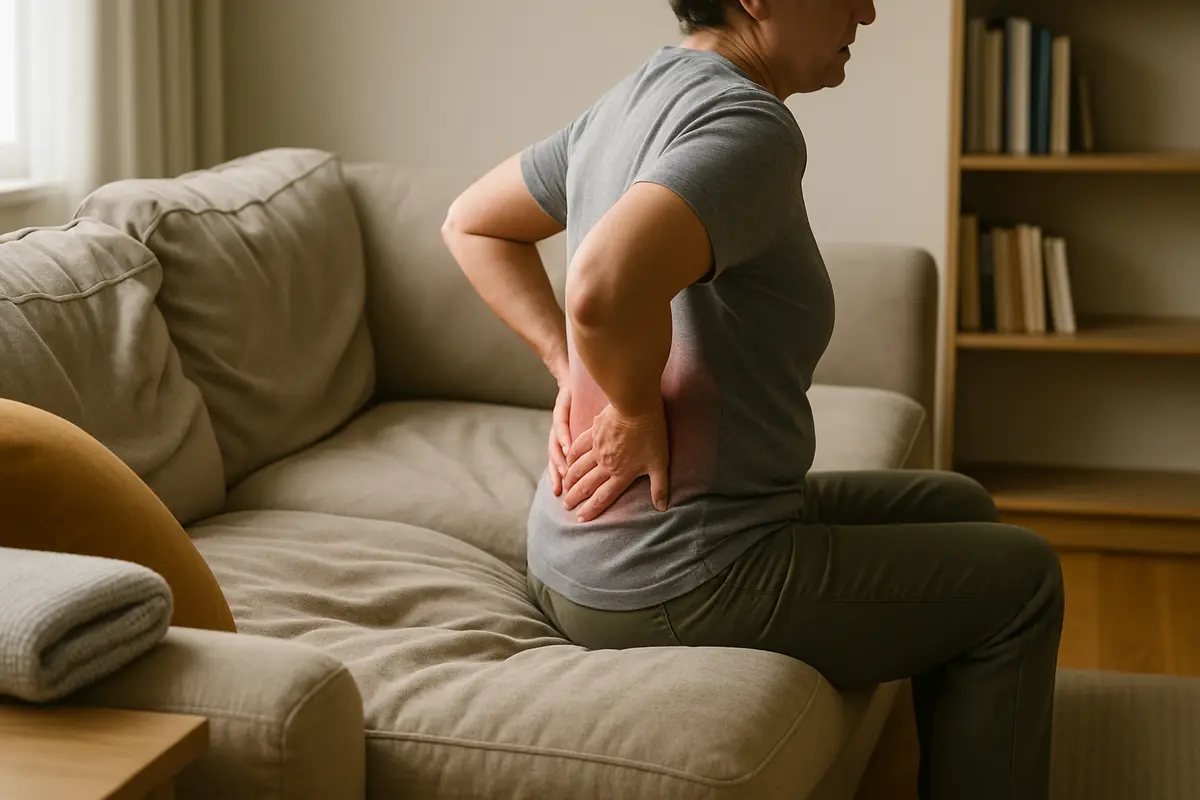 sofa muito macio desgaste conforto Sala de estar contemporânea com sofá excessivamente macio e desgastado com assento afundado e adulto sentado com expressão de dor lombar