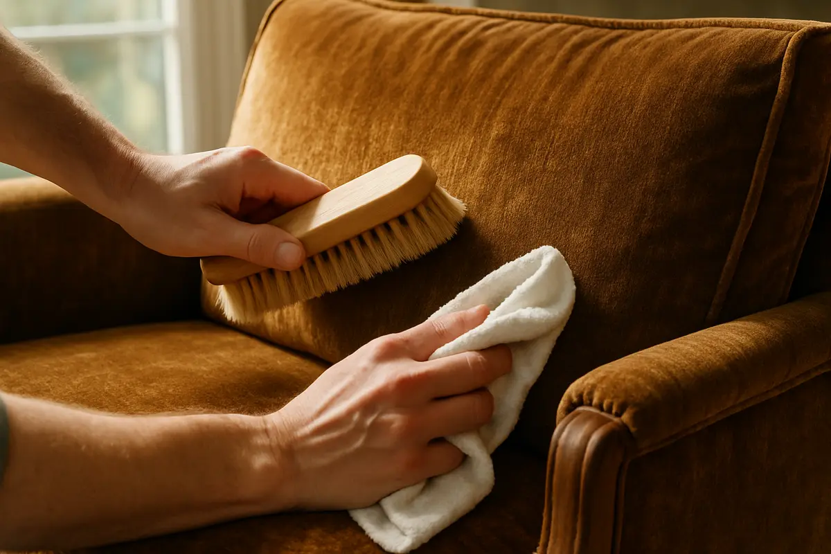 sofa veludo limpeza delicada Sofá de veludo luxuoso sendo limpo com escova macia e pano branco levemente úmido