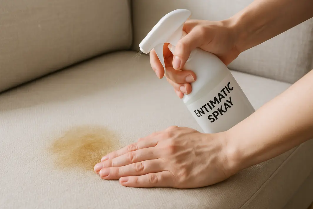 Mãos aplicando spray enzimático em mancha amarelada úmida no tecido claro de sofá