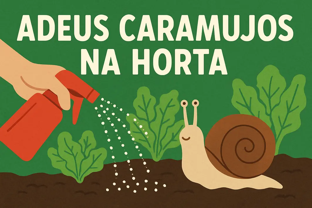 Mãos femininas aplicando spray orgânico em folhas verdes com caramujos escondidos na horta