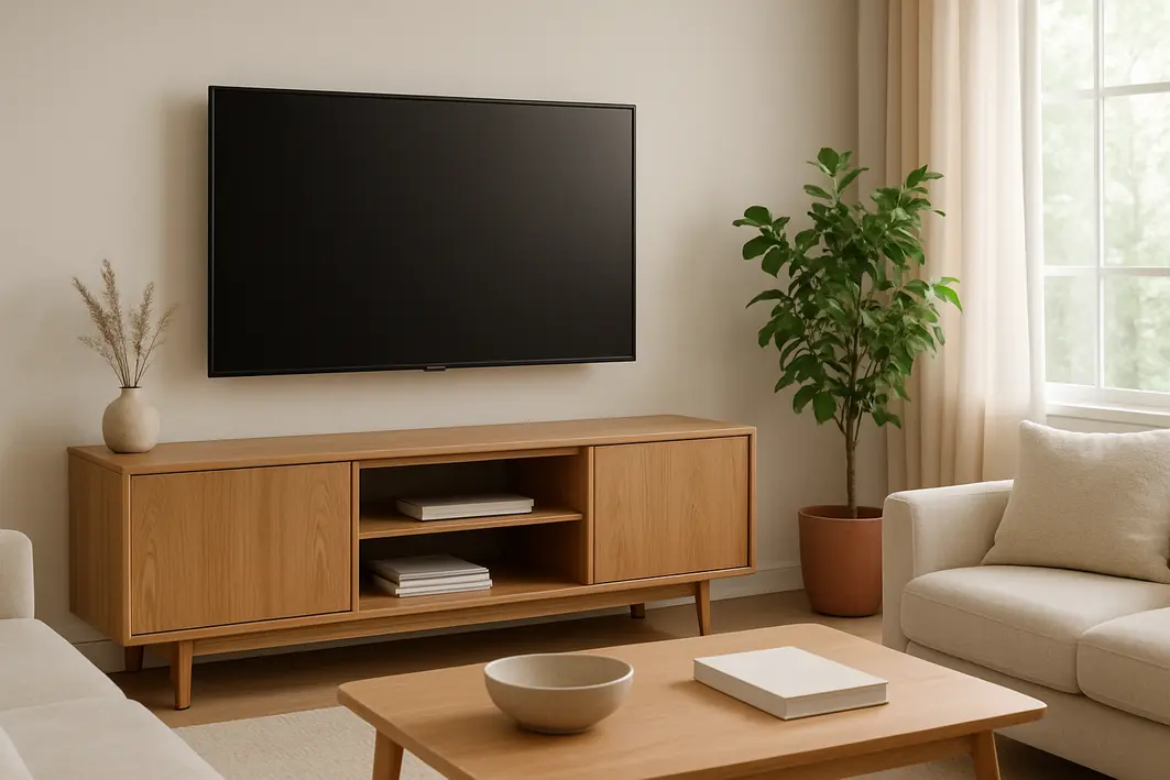 Mao ajustando suporte articulado de tv na parede em sala de estar moderna