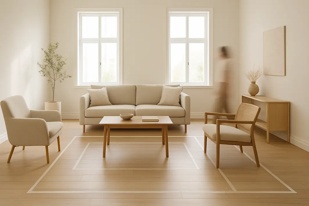 tamanho tapete sala marcacoes fitas Sala de estar ampla com sofá, poltronas e mesa de centro, marcações de fitas no chão simulando tamanhos de tapetes