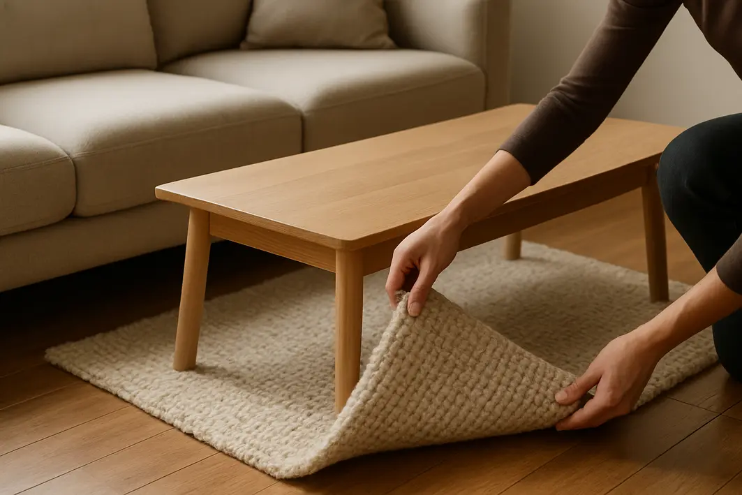 Mão ajustando tapete pequeno aconchegante sob mesa de centro em sala compacta com sofá neutro e piso de madeira