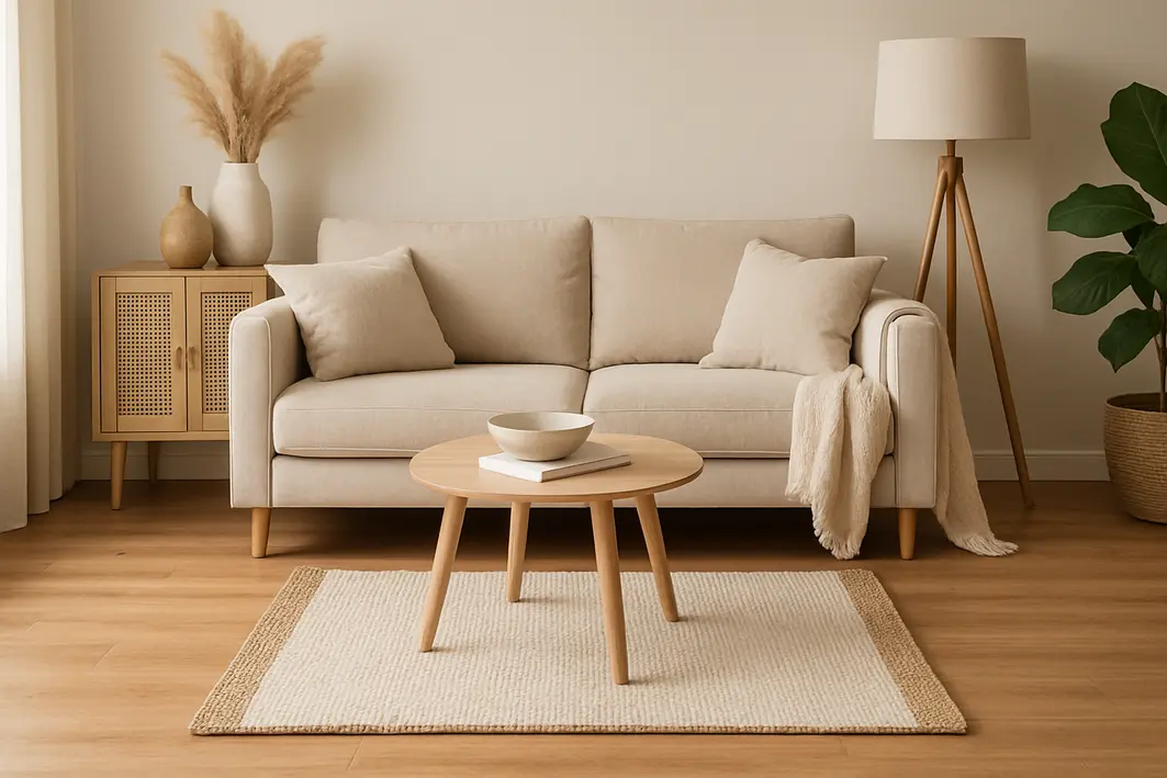 Mãos adultas ajustando tapete pequeno sob sofá na sala com piso de madeira