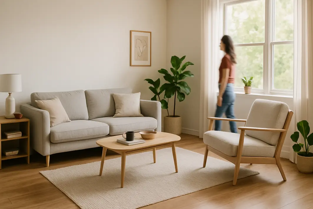 Sala de estar compacta com tapete pequeno posicionado entre sofá e poltrona