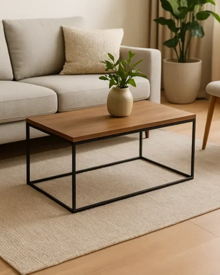 tapete pequeno sala moderna escandinava Sala de estar moderna com tapete pequeno bege sob mesa de centro de madeira e sofá cinza claro