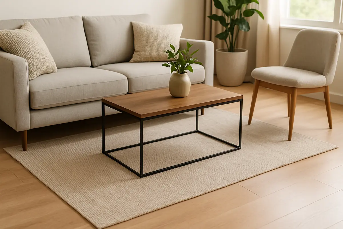 tapete pequeno sala moderna escandinava Sala de estar moderna com tapete pequeno bege sob mesa de centro de madeira e sofá cinza claro