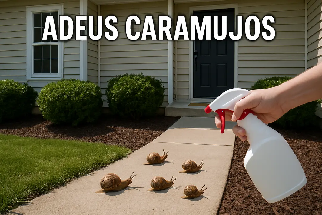 Mãos aplicando mistura natural contra caramujos em plantas do jardim com folhas verdes e molhadas