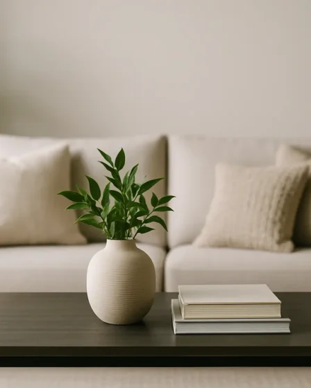 tendencias decoracao valorizar imovel sala estar Sala de estar moderna com móveis minimalistas neutros, almofadas texturizadas, plantas verdes, vaso de cerâmica e livros sobre mesa de centro
