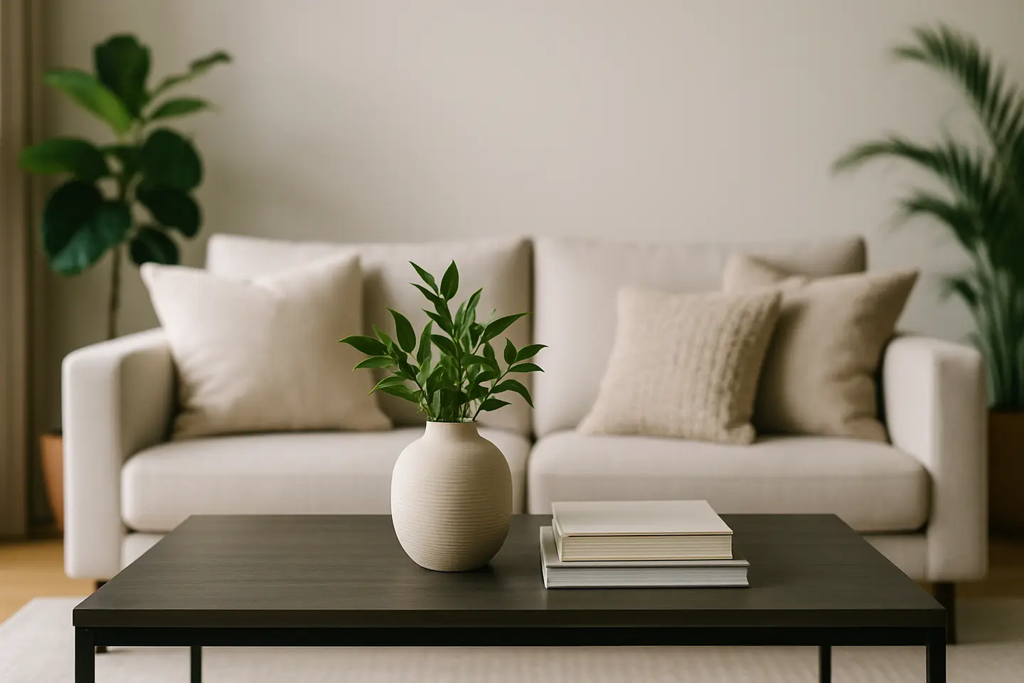 tendencias decoracao valorizar imovel sala estar Sala de estar moderna com móveis minimalistas neutros, almofadas texturizadas, plantas verdes, vaso de cerâmica e livros sobre mesa de centro