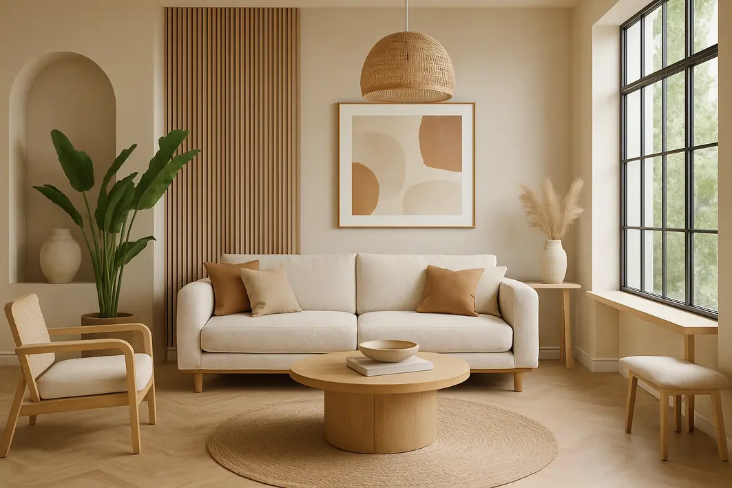 Sala moderna decorada com móveis minimalistas e detalhes em plantas