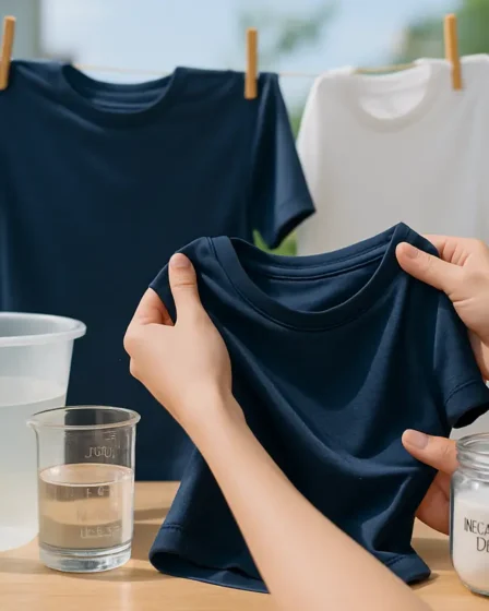 tirar cheiro suor roupa vinagre bicarbonato Mãos segurando camiseta azul sintética do avesso ao lado de balde com água e copo medidor com vinagre branco e pote aberto de bicarbonato de sódio