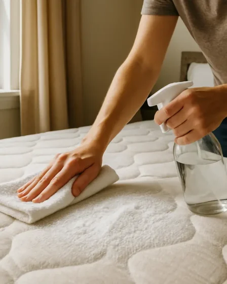 tirar cheiro xixi colchao vinagre bicarbonato Close de mãos aplicando solução de vinagre e água com toalha limpa sobre colchão branco com bicarbonato de sódio espalhado