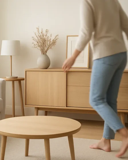 transformacao ambiente moderno funcional Sala de estar moderna com móveis sendo organizados por mãos femininas desfocadas e decoração minimalista