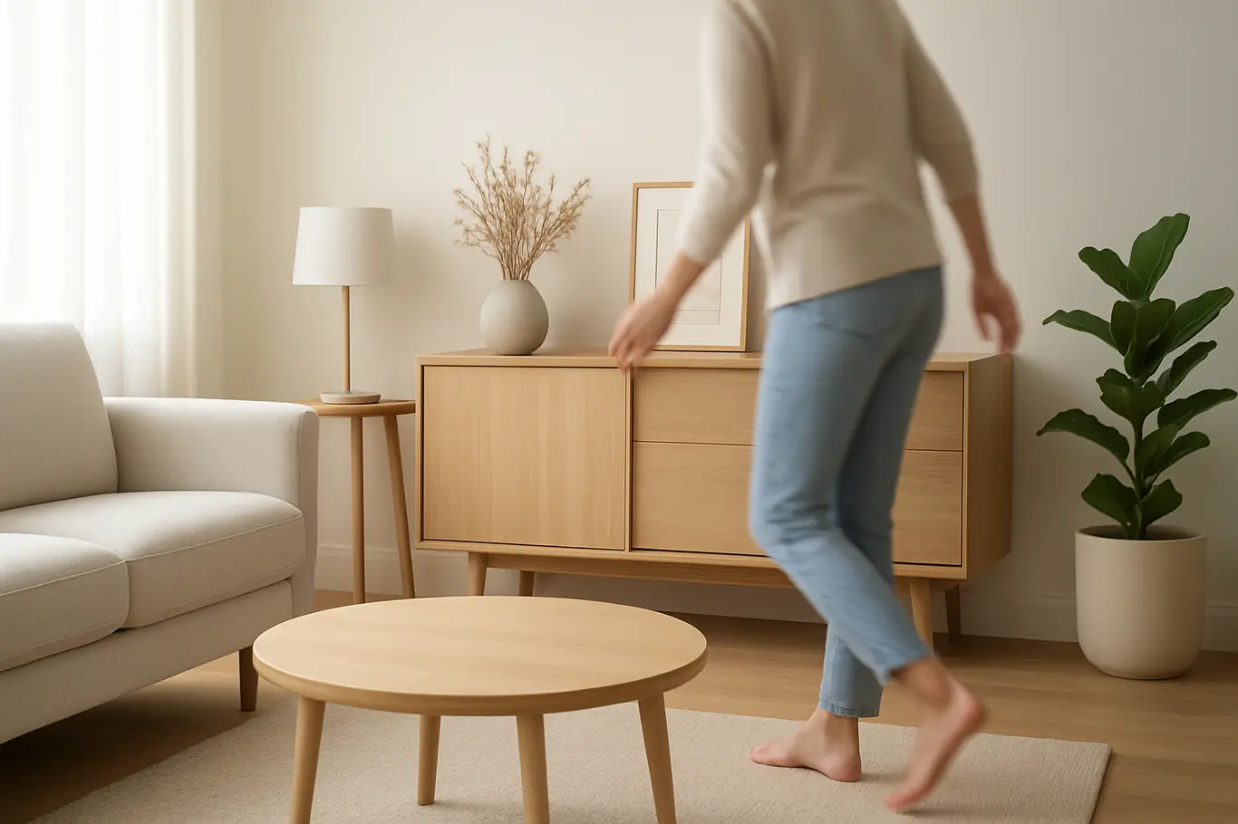 transformacao ambiente moderno funcional Sala de estar moderna com móveis sendo organizados por mãos femininas desfocadas e decoração minimalista
