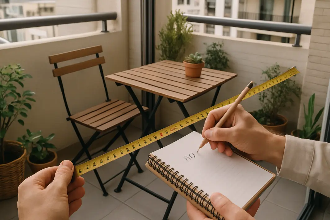 Mãos segurando fita metrica e caderno com anotacoes de medicao em varanda pequena com moveis dobraveis e plantas compactas
