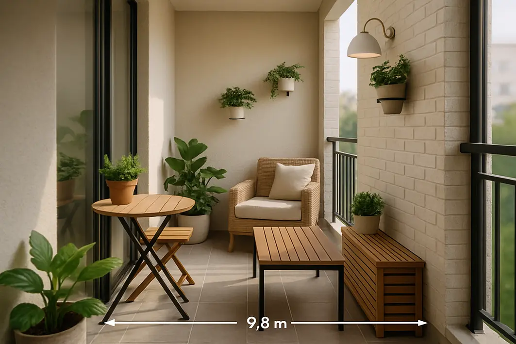 Varanda pequena de apartamento com móveis compactos multifuncionais, plantas verdes e iluminação natural equilibrada