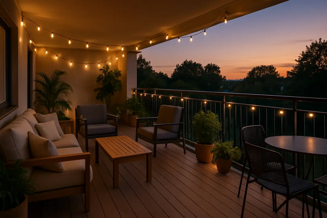 Varanda ampla organizada ao entardecer com luzinhas estilo fada decorando o ambiente e móveis modernos visíveis
