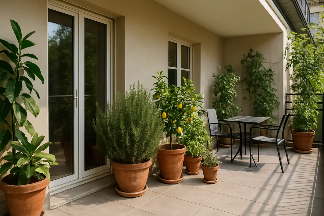 Varanda residencial organizada com vasos de citronela, lavanda e manjericão perto de portas e janelas