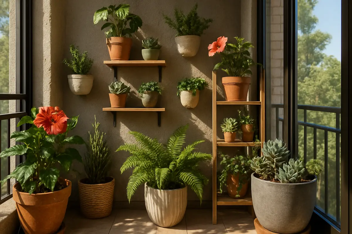 varanda plantas hibisco suculentas samambaias Varanda planejada com vasos de cerâmica e fibra contendo hibiscos, suculentas e samambaias em prateleiras verticais sob luz natural