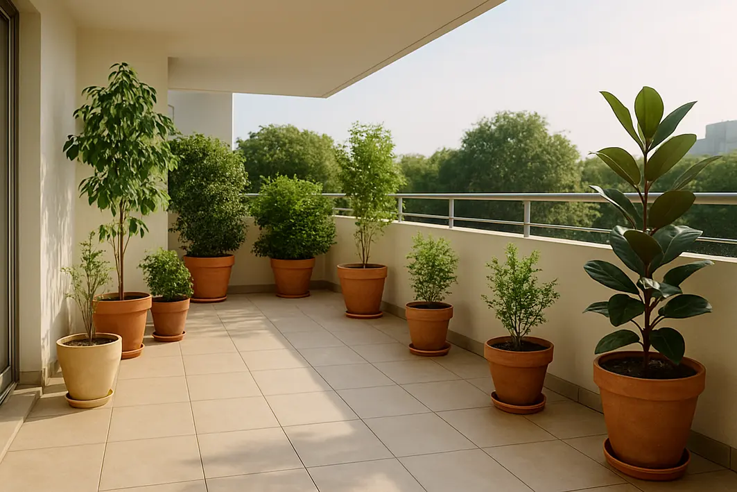 Varanda residencial ampla organizada com vasos de tamanhos variados e piso claro iluminada pela luz natural do sol lateral