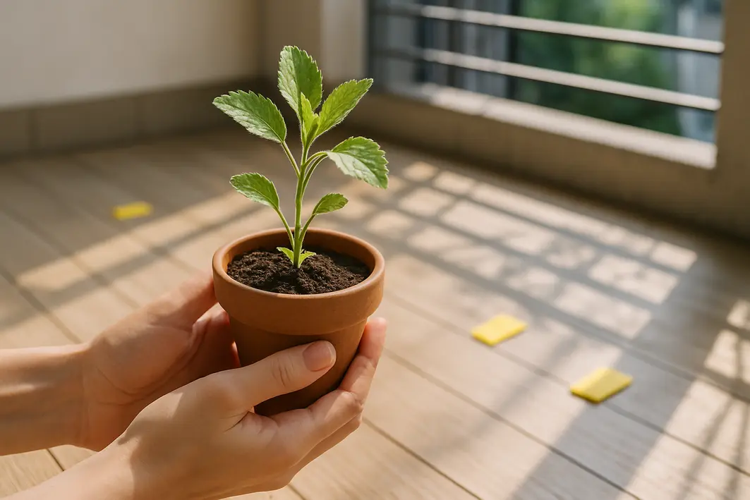 Mãos femininas segurando pequena planta em vaso de cerâmica na varanda com piso de madeira clara e medidor de luz solar ao fundo