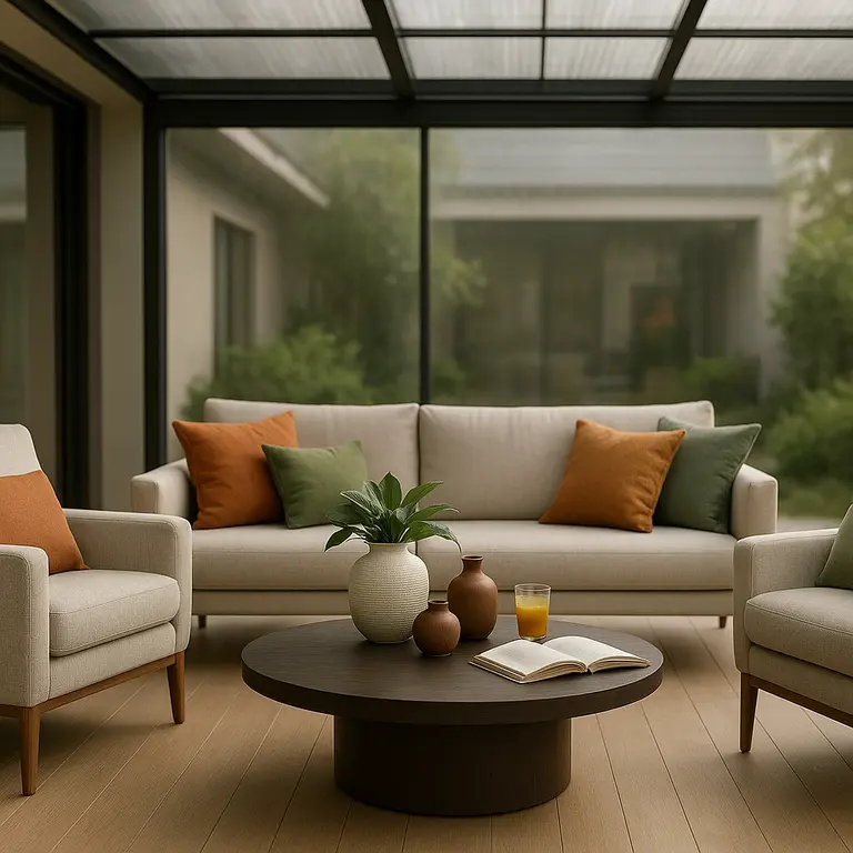 Varanda social coberta com decoração moderna e móveis confortáveis