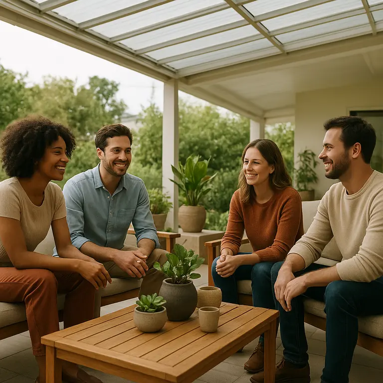 Grupo de pessoas interagindo em varanda social coberta com mesa decorada e vasos de plantas