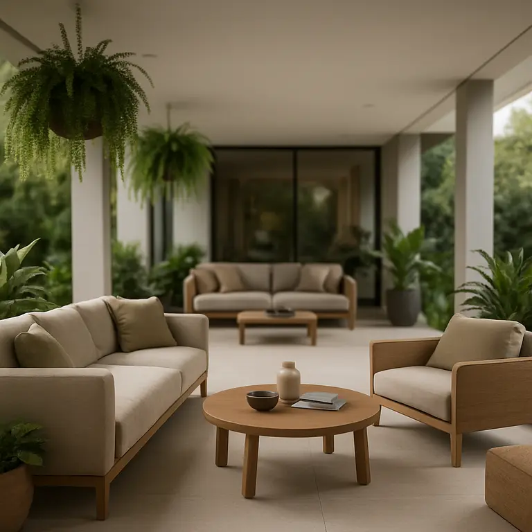 Varanda social coberta ampla com sofás modulares, poltronas em tons neutros, plantas pendentes e mesa decorativa