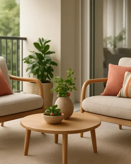 varanda social com moveis confortaveis Varanda social elegante com poltronas, mesa baixa e plantas decorativas