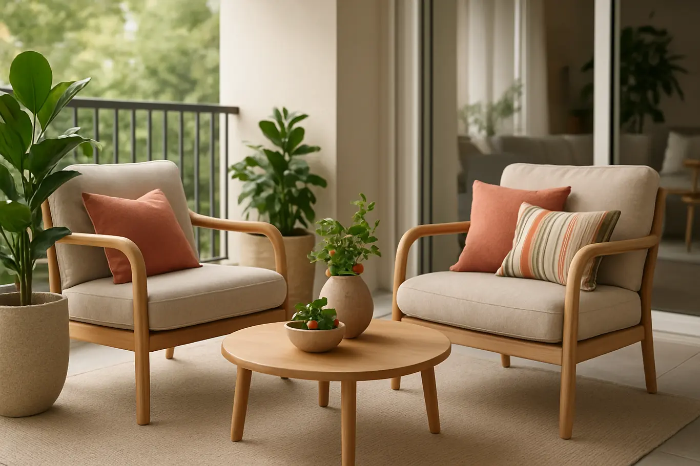 varanda social com moveis confortaveis Varanda social elegante com poltronas, mesa baixa e plantas decorativas