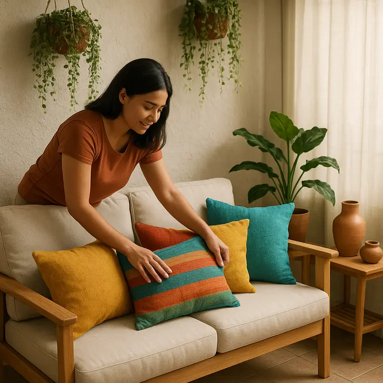 Mulher ajustando almofadas coloridas em sofá compacto de varanda social com plantas pendentes e móveis de madeira clara