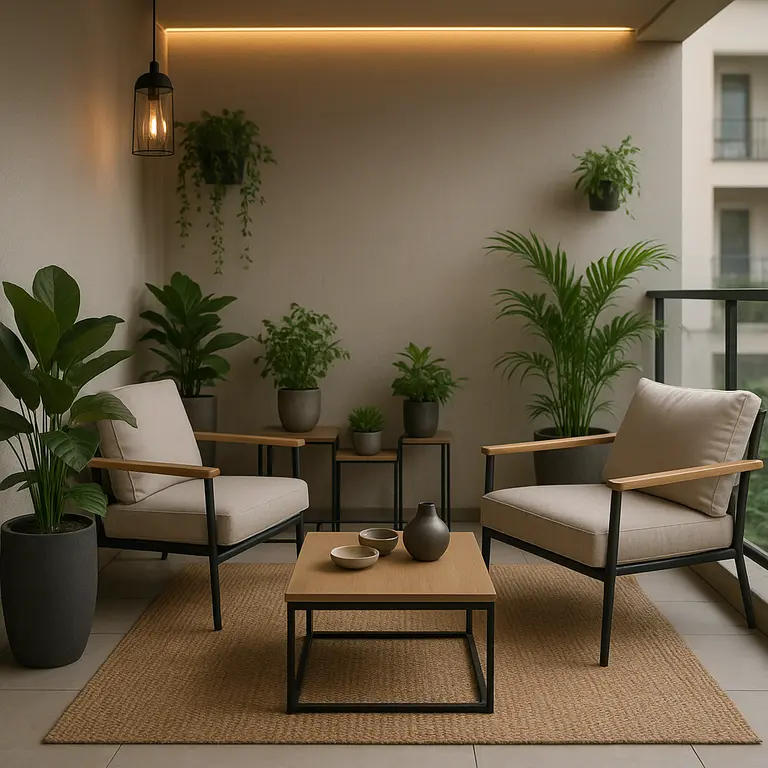 Varanda social pequena decorada com móveis modernos e iluminação natural