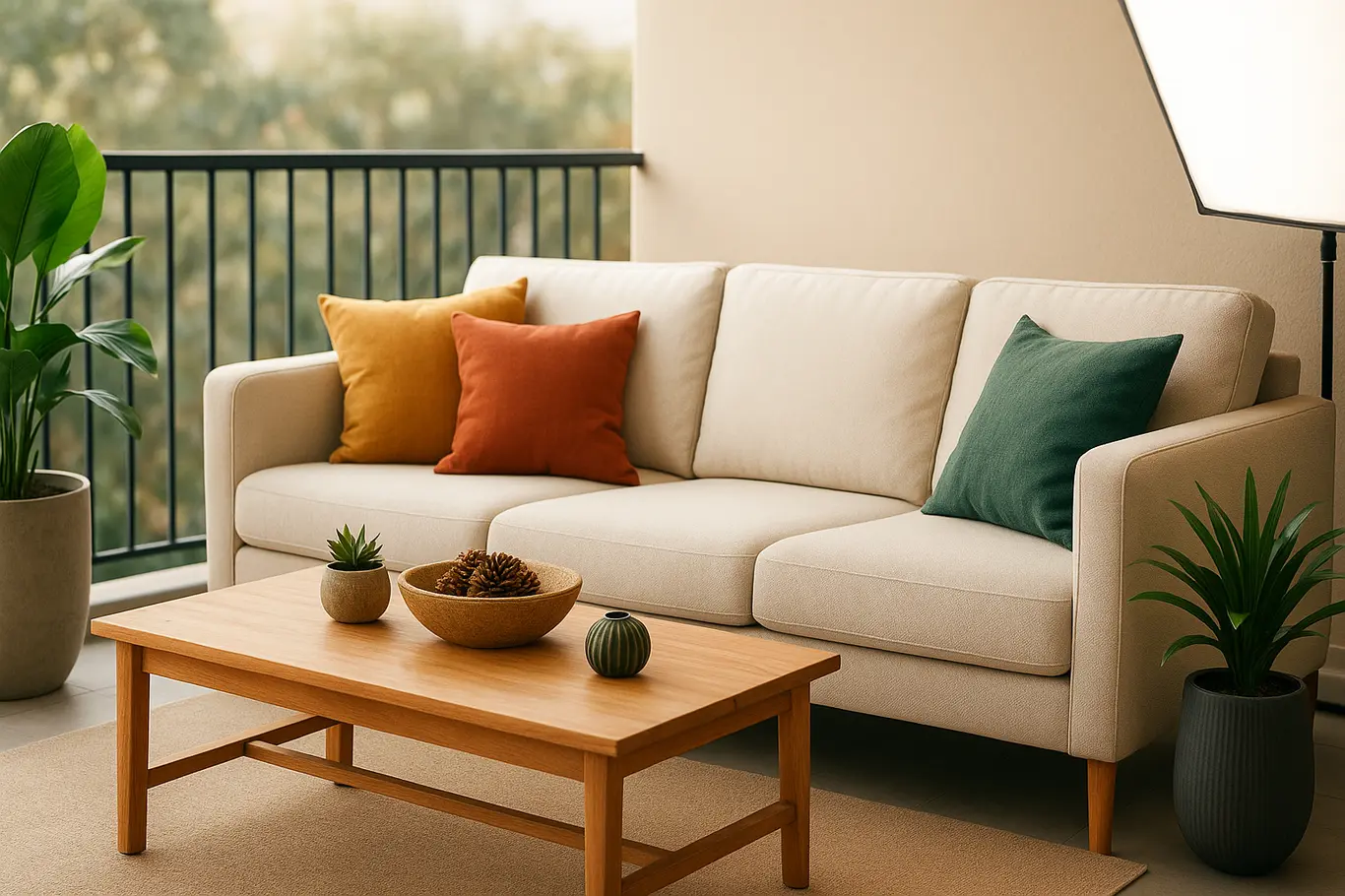 varanda social decor moderna confortavel Varanda social com sofa claro almofadas coloridas mesa de madeira plantas verdes iluminacao natural