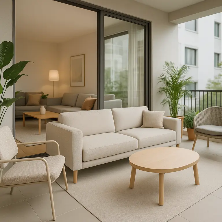 Varanda social integrada à sala de apartamento compacto com sofá modular claro, poltronas leves e plantas decorativas