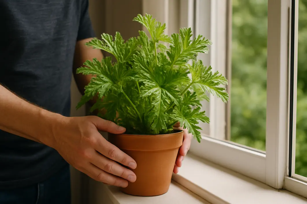 Mãos adultas ajustando vaso de citronela perto de janela aberta em ambiente doméstico
